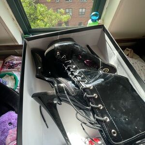 Pleaser Black Heels with Decorative Wing Design